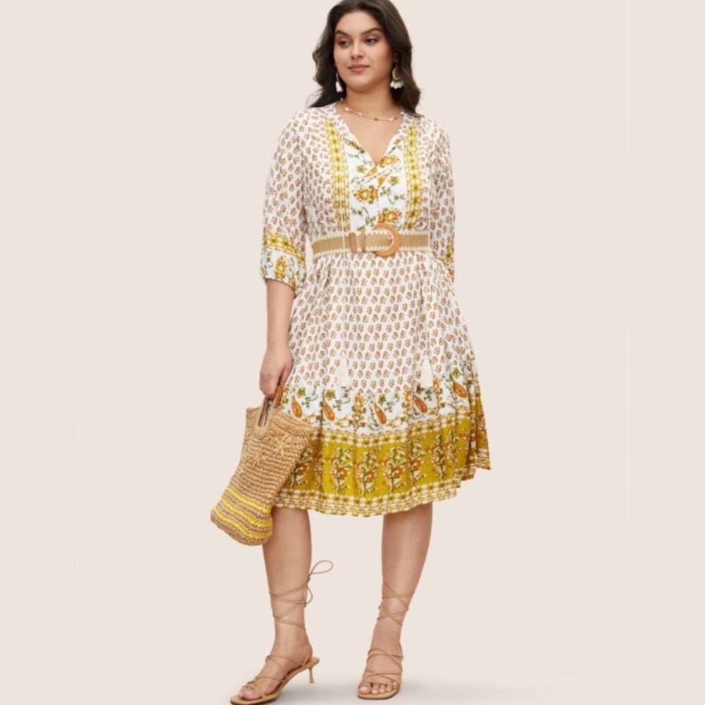 BloomChic Women’s 14 16 Mustard Yellow Boho Floral Front Tie Midi Sun Dress NWT
